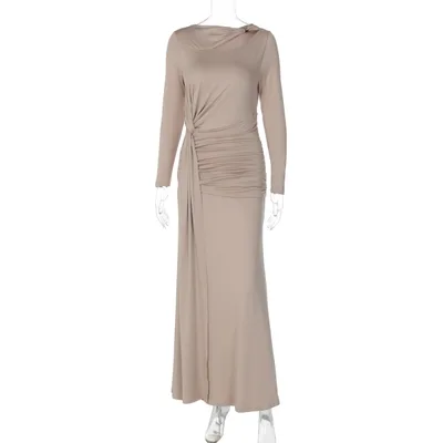 Fashionable Elegant Slim fit Pleated Waist Tight Irregular Long Sleeve Dress Nude Beige - Shop at LoveMi