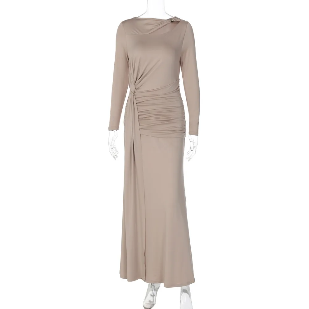 Fashionable Elegant Slim fit Pleated Waist Tight Irregular Long Sleeve Dress Nude - Shop at LoveMi