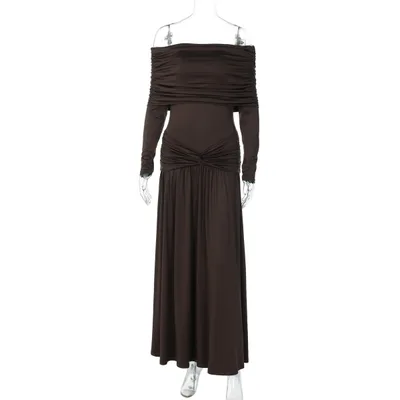 Off neck Cinched Pleated Long Sleeve Dress Brown - Shop at LoveMi