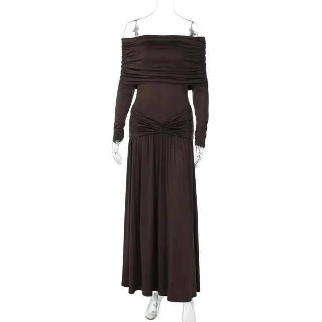 Off neck Cinched Pleated Long Sleeve Dress Brown - Shop at LoveMi