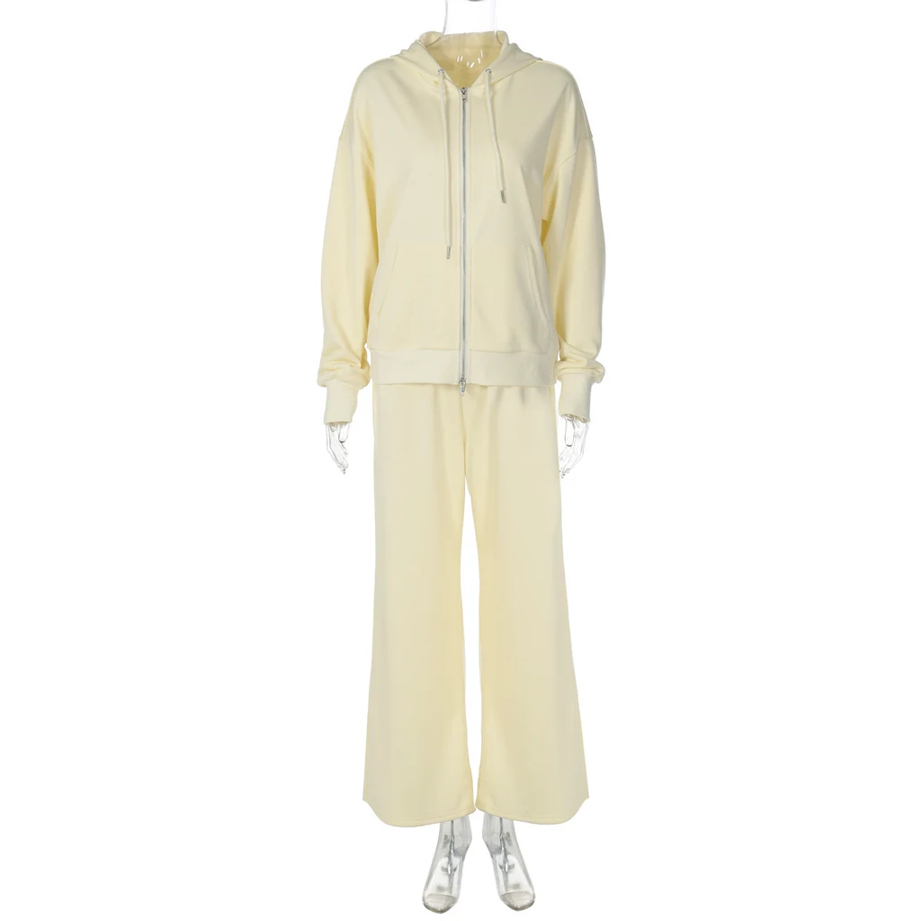 Zipper Hoodie Slim Fit Drawstring Casual Pants Suit - Apricot
