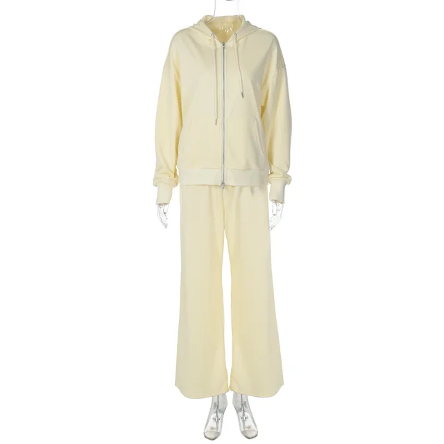 Zipper Hoodie Slim Fit Drawstring Casual Pants Suit Apricot - Shop at LoveMi
