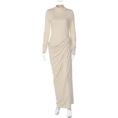 Sexy Slim Fit Backless Button Solid Color Long Sleeve Dress Apricot Beige - Shop at LoveMi