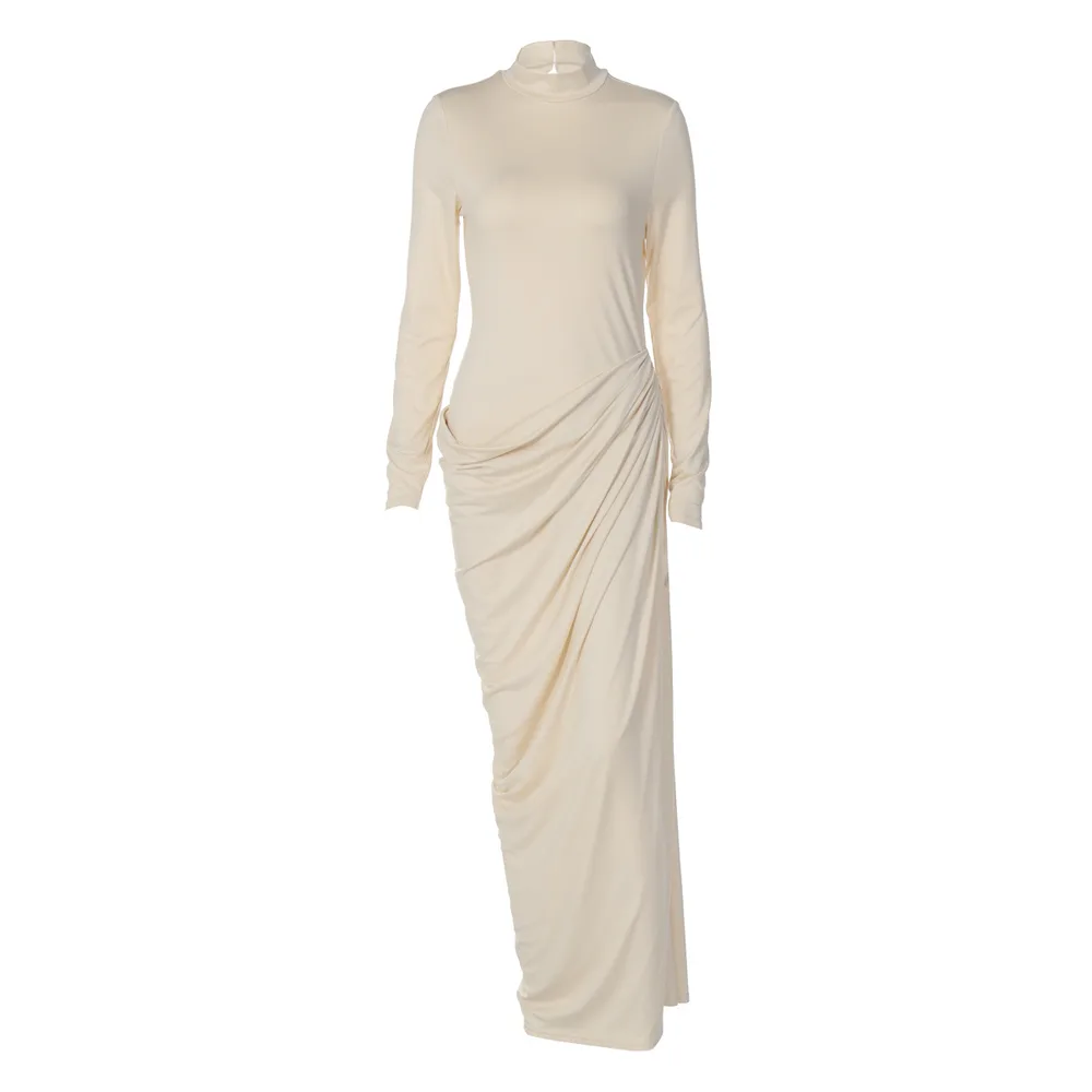 Sexy Slim Fit Backless Button Solid Color Long Sleeve Dress Apricot - Shop at LoveMi