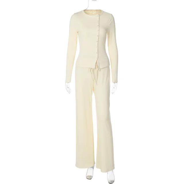 Cardigan Long sleeved Top Casual Lace Up Trousers Two piece Set Yellow - Shop at LoveMi