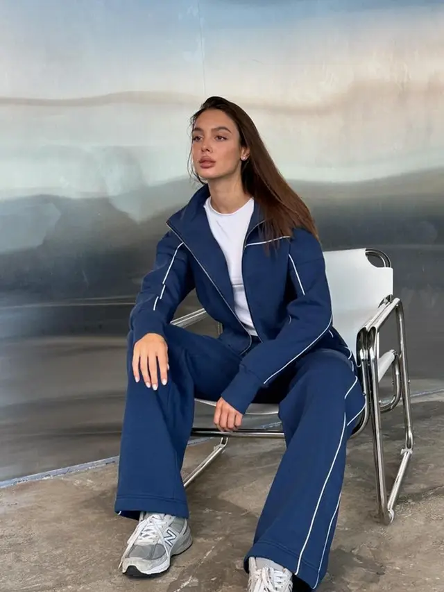 Long Sleeve Zipper Sweater Coat Striped Trousers With An Elasticated Waist Casual Suit Blue - Shop at LoveMi