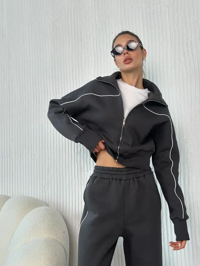 Long Sleeve Zipper Sweater Coat Striped Trousers With An Elasticated Waist Casual Suit Gray - Shop at LoveMi