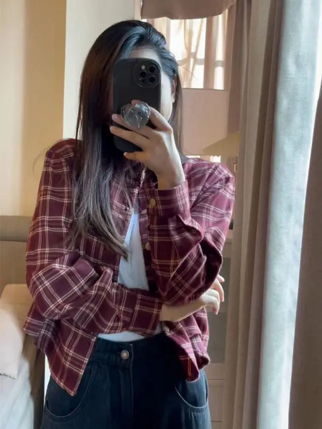 American Retro Short Plaid Shoulder Shirt Coat Red Plaid - Shop at LoveMi