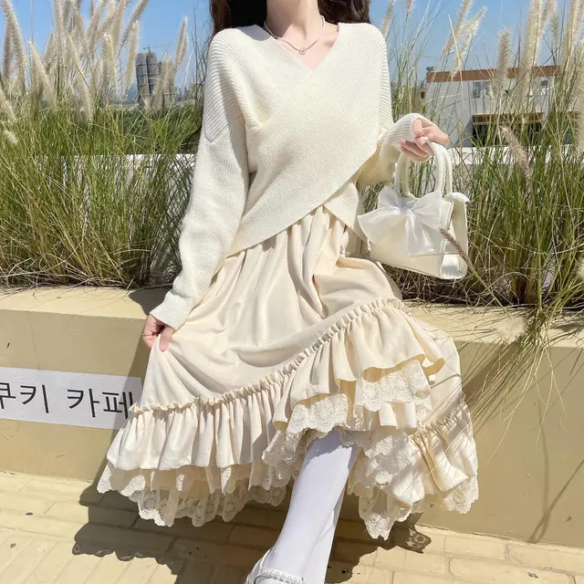 Velvet Dress Thick Retro Lace Swing Design Cake Dress Beige Apricot - Shop at LoveMi