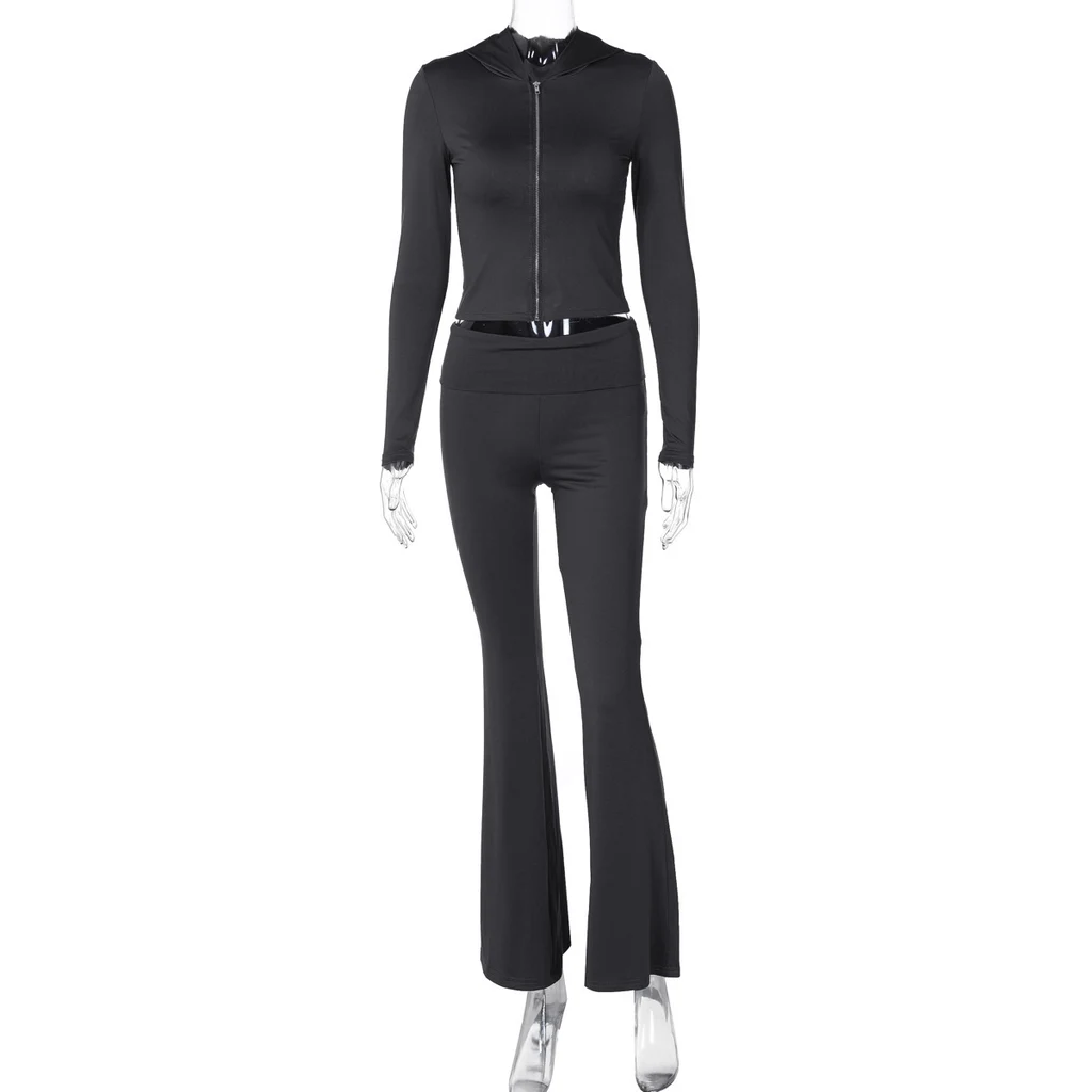 Women's Long-sleeve Zipper Hooded Top Flared Pants Suit - Dark Gray