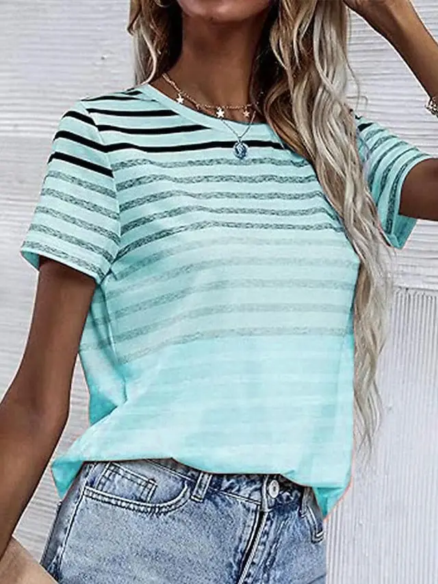 Women's Striped Gradient Round Neck Short Sleeve Top Blue - Shop at LoveMi