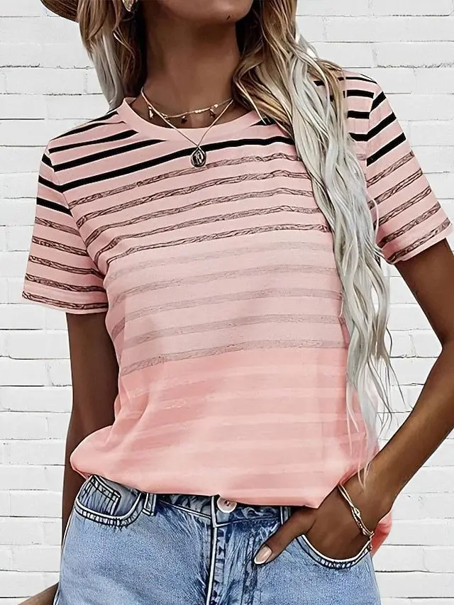 Women's Striped Gradient Round Neck Short Sleeve Top Pink - Shop at LoveMi