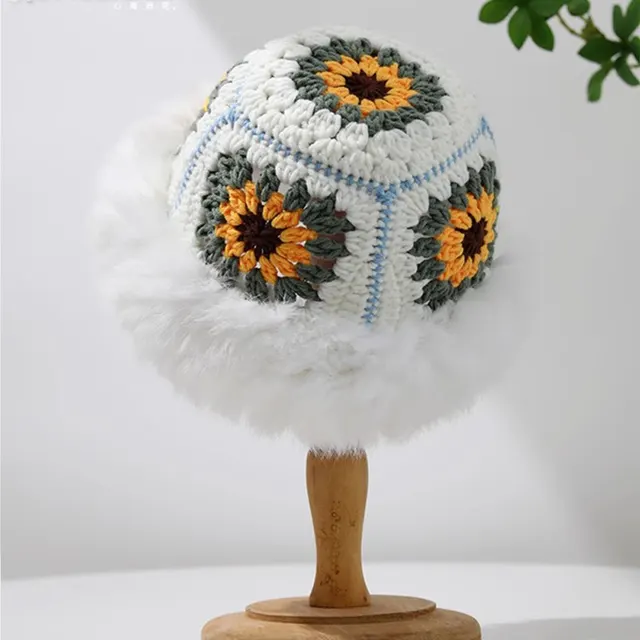 Rabbit Fur Knitted Warm keeping And Cold proof Handmade Crochet Bucket Hat White - Shop at LoveMi