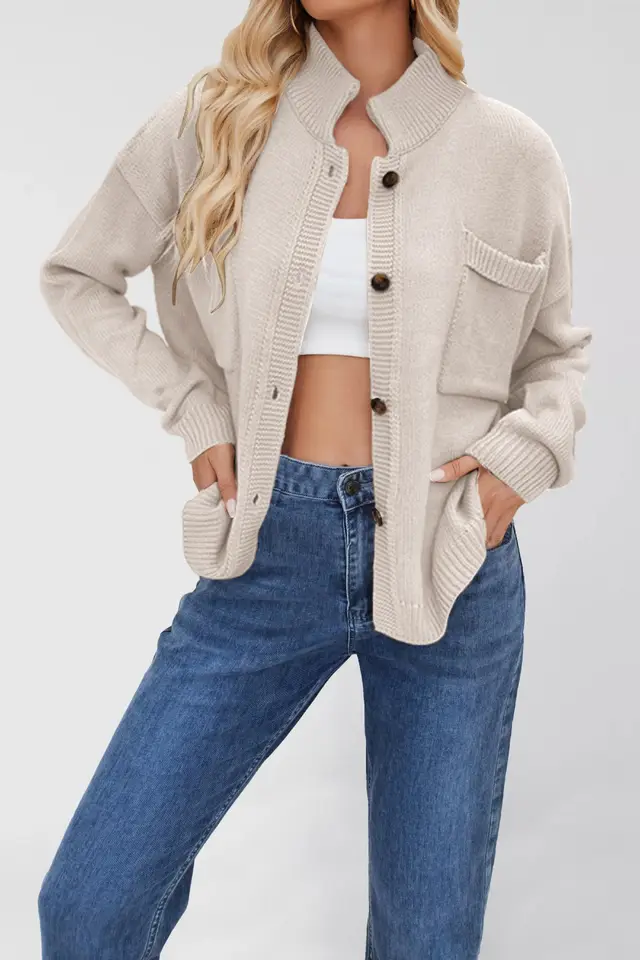 Standing Collar Plus Size Sweater Solid Color Cardigan For Women Apricot - Shop at LoveMi