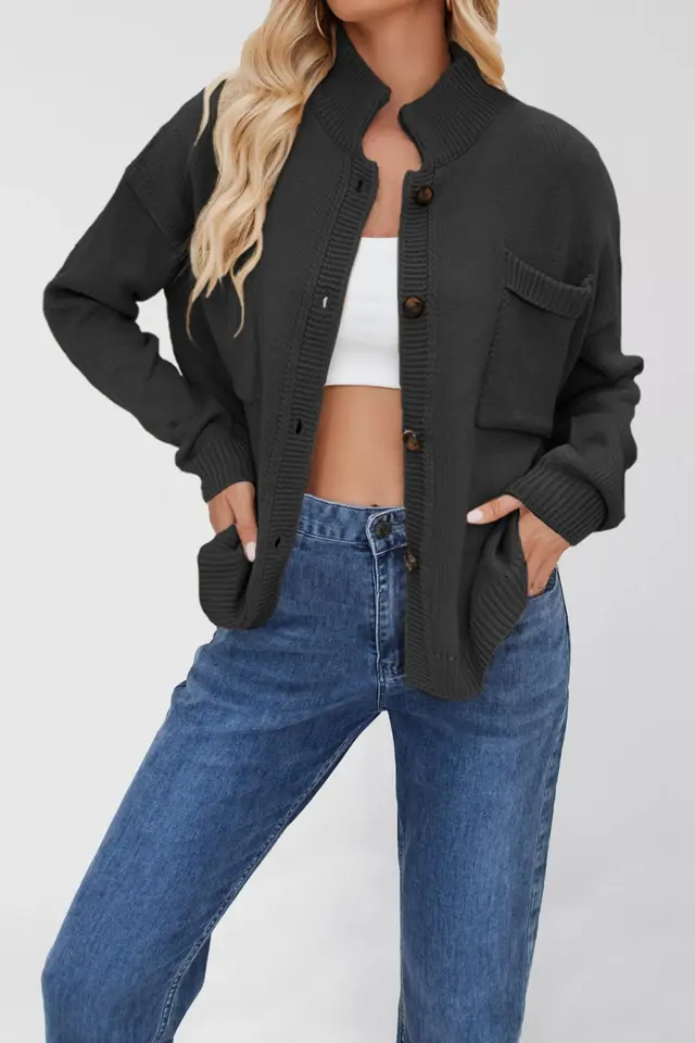 Standing Collar Plus Size Sweater Solid Color Cardigan For Women Black - Shop at LoveMi
