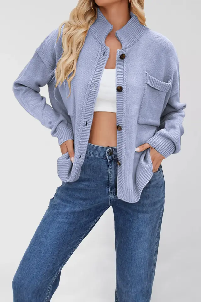 Standing Collar Plus Size Sweater Solid Color Cardigan For Women Purple Blue - Shop at LoveMi