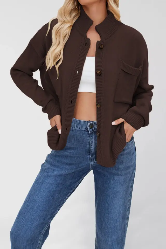 Standing Collar Plus Size Sweater Solid Color Cardigan For Women Red Brown - Shop at LoveMi