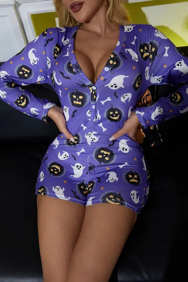 Women's Jumpsuit Pajamas Women's Ghost Pumpkin Print Fashion Sexy Slim Fit Blue - Shop at LoveMi
