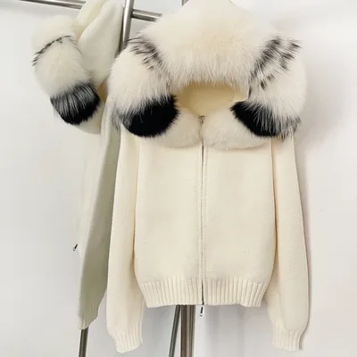 Spring Coat Women's Zipper Real Fox Fur Collar Hooded Beige With Flowers - Shop at LoveMi