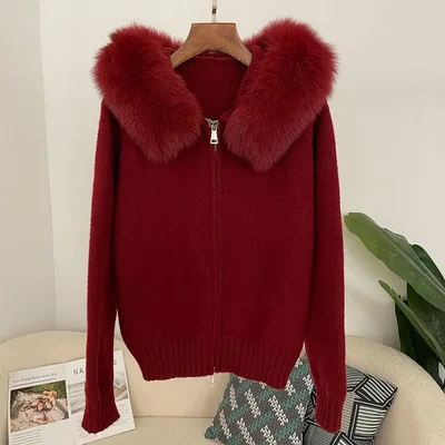 Spring Coat Women's Zipper Real Fox Fur Collar Hooded Red - Shop at LoveMi