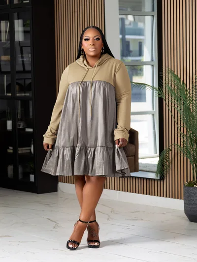 Patchwork Hooded Pullover Long Sleeve Dress Khaki - Shop at LoveMi