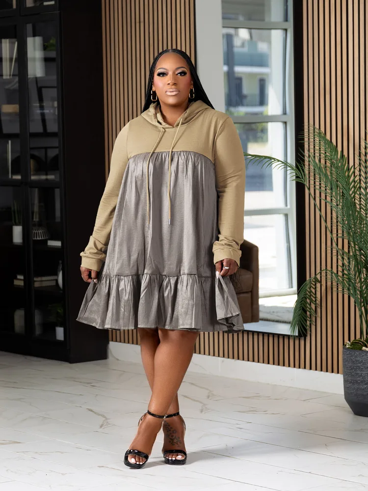 Patchwork Hooded Pullover Long Sleeve Dress Khaki - Shop at LoveMi