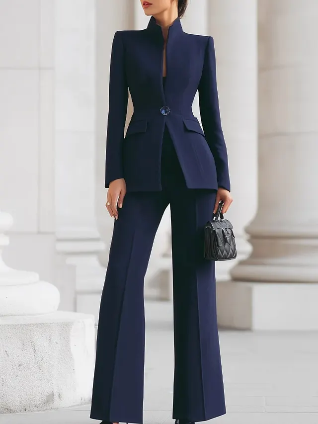 Long Sleeve Solid Color Pocket One Button Small Suit Two piece Pants Navy Blue - Shop at LoveMi