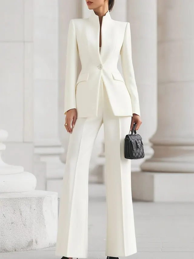 Long Sleeve Solid Color Pocket One Button Small Suit Two piece Pants White - Shop at LoveMi