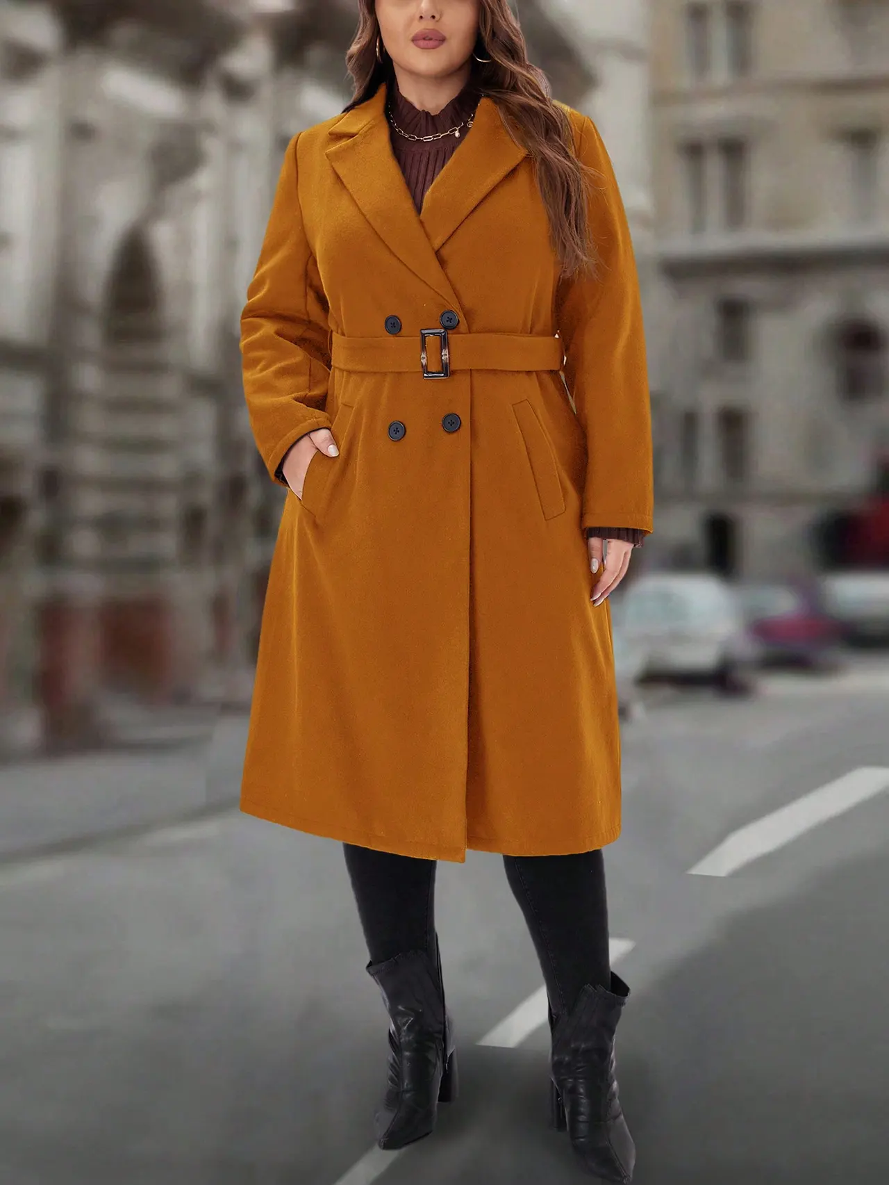 Women's Plus Size Solid Color Woolen Coat - Chocolate