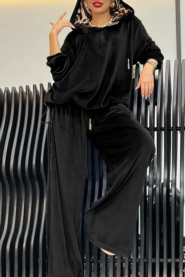 Loose Casual Two piece Suit Leopard Print Hoodie And Pants Suit For Women Black - Shop at LoveMi