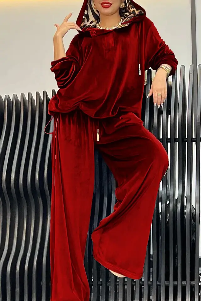 Loose Casual Two piece Suit Leopard Print Hoodie And Pants Suit For Women Red - Shop at LoveMi