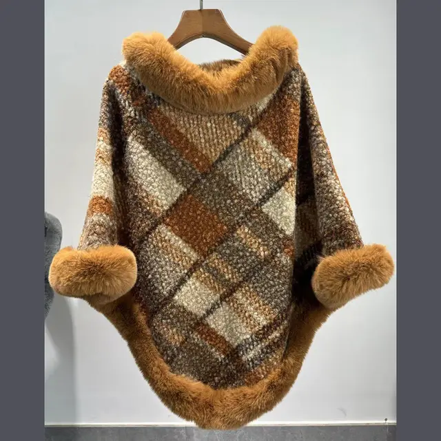 Big Fur Collar Cloak Mid length Batwing Sleeve Pullover Classic Plaid Shawl Caramel - Shop at LoveMi