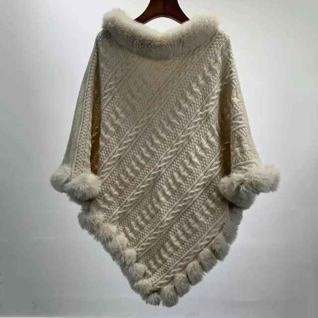 Fur Collar Oversized Knit Pullover Shawl Cloak Beige - Shop at LoveMi
