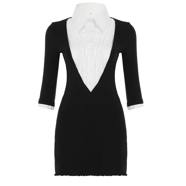 Hepburn Style Elegant Lace V collar Polka Dot Dress Black Mjd25851 - Shop at LoveMi