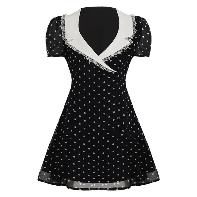 Hepburn Style Elegant Lace V collar Polka Dot Dress Black - Shop at LoveMi