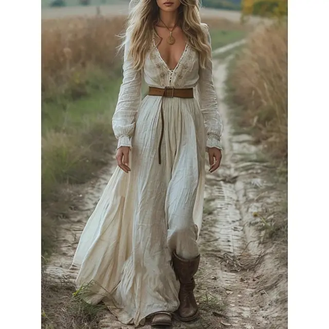 Pastoral Style Bohemian Vintage Lace Elastic Waist Large Swing Dress White - Shop at LoveMi