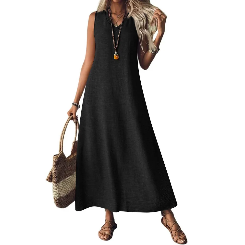 Summer Hemp Dress Women's Sleeveless - Black