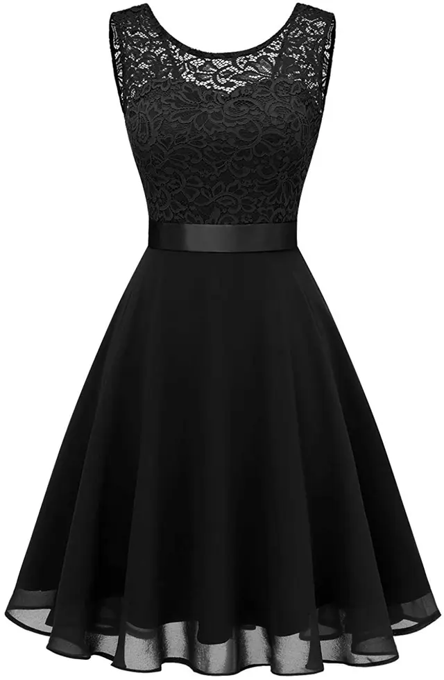 European And American Hollow Waist tight Solid Color Sleeveless Lace Hepburn Dress Black - Shop at LoveMi