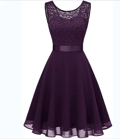 European And American Hollow Waist tight Solid Color Sleeveless Lace Hepburn Dress Dark Purple - Shop at LoveMi