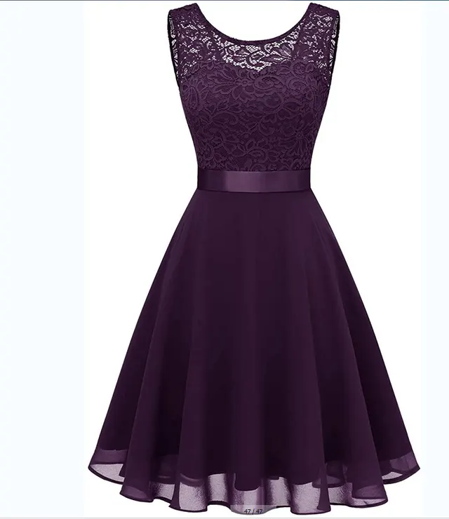 European And American Hollow Waist tight Solid Color Sleeveless Lace Hepburn Dress Dark Purple - Shop at LoveMi