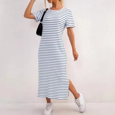 Women's Black And White Striped Dress Short Sleeve Floral Print Slit Blue - Shop at LoveMi