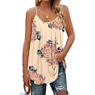 Women's Casual Summer Pleated Round Neck Keyhole Loose Top Flower Color 2 - Shop at LoveMi