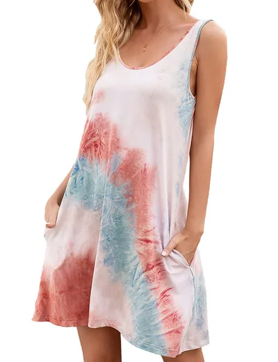 Sleeveless Round Neck Pocket Tie dye Printed Vest Dress Pink - Shop at LoveMi