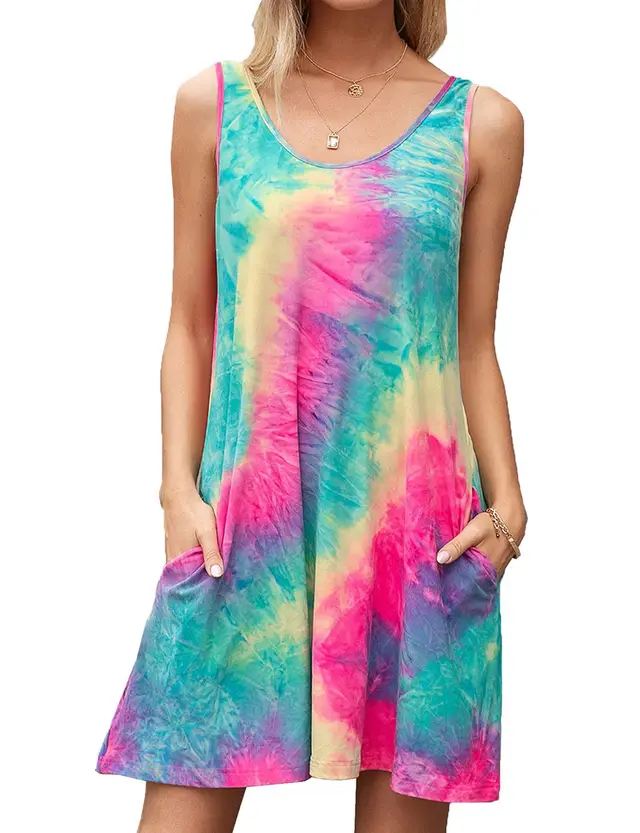 Sleeveless Round Neck Pocket Tie dye Printed Vest Dress Rose Red - Shop at LoveMi