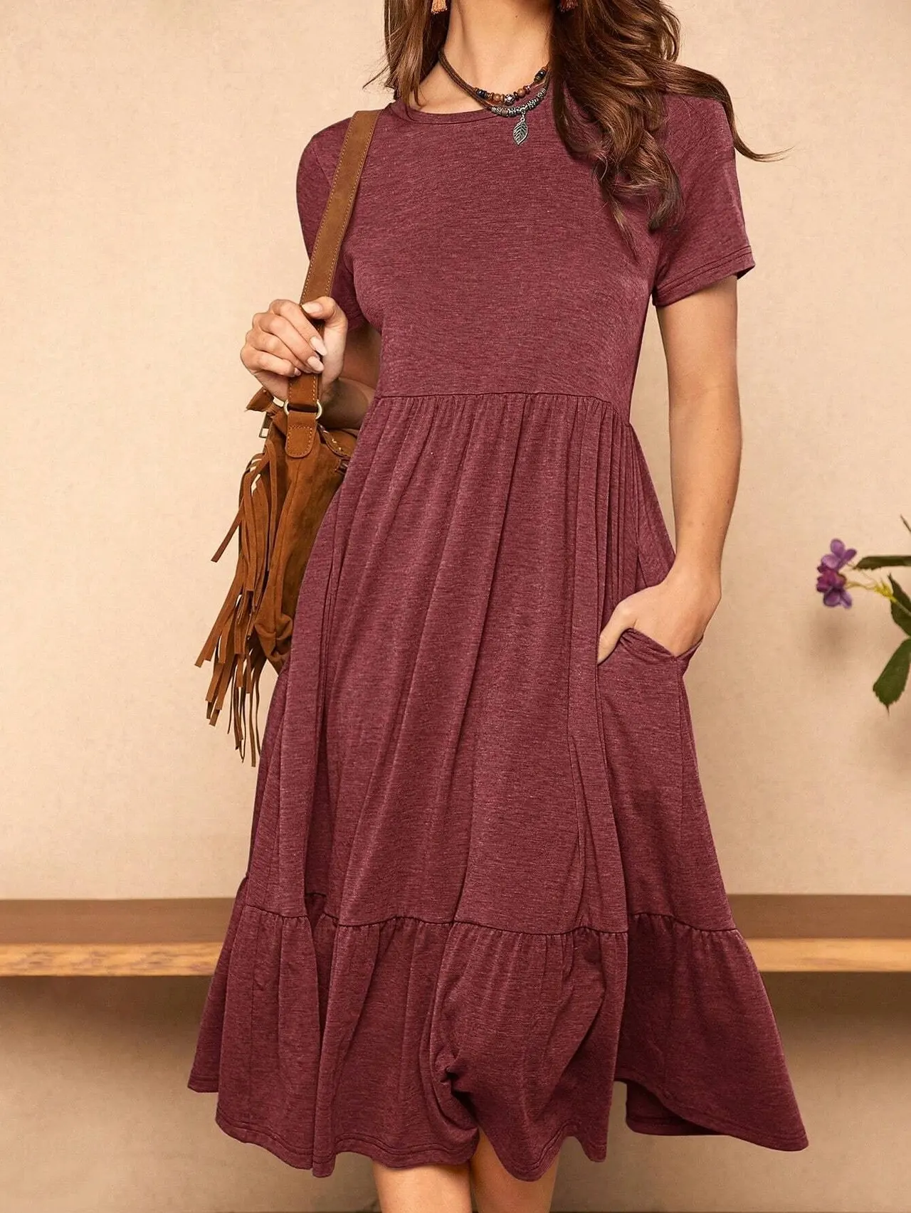 European And American Summer Pure Color Ruffles Hem Hidden Pocket Elegant Dress - Wine Red