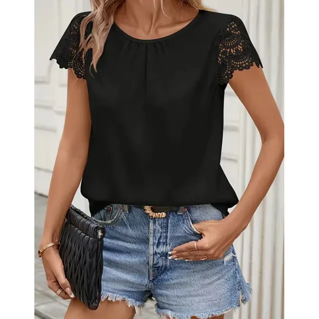 Lace Comfort And Casual Solid Color Round Neck Short Sleeves Black - Shop at LoveMi