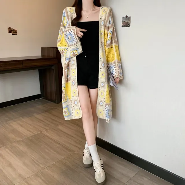 Loose Bohemian Crocheted Hollow Out Sweater Coat Yellow - Shop at LoveMi