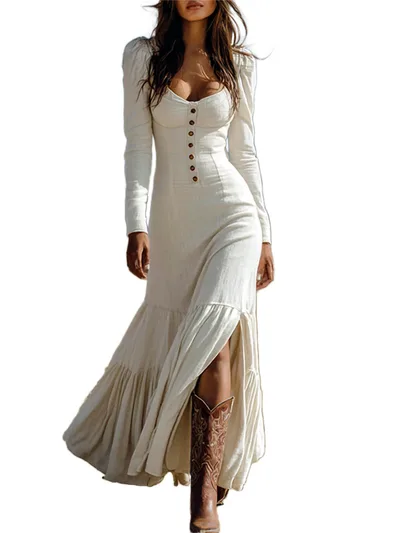 Retro Western Style Button Pleated Long Sleeve Sexy Dress White - Shop at LoveMi