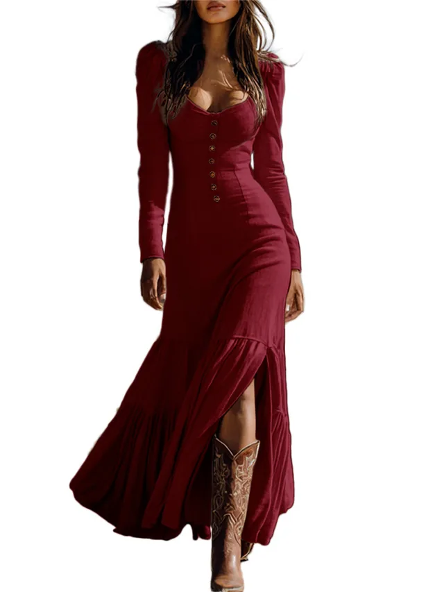 Retro Western Style Button Pleated Long Sleeve Sexy Dress Wine Red - Shop at LoveMi