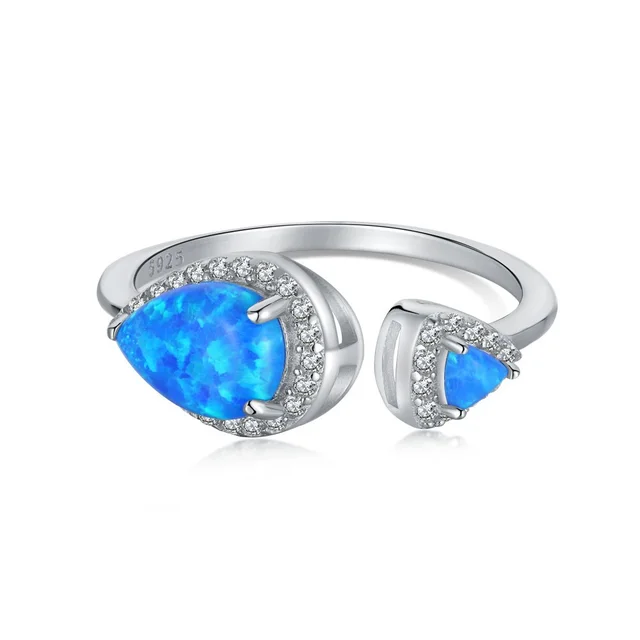 S925 Sterling Silver Ring Women's Light Luxury Drop shaped Fat Triangle Opal Opening Adjustable Blue - Shop at LoveMi